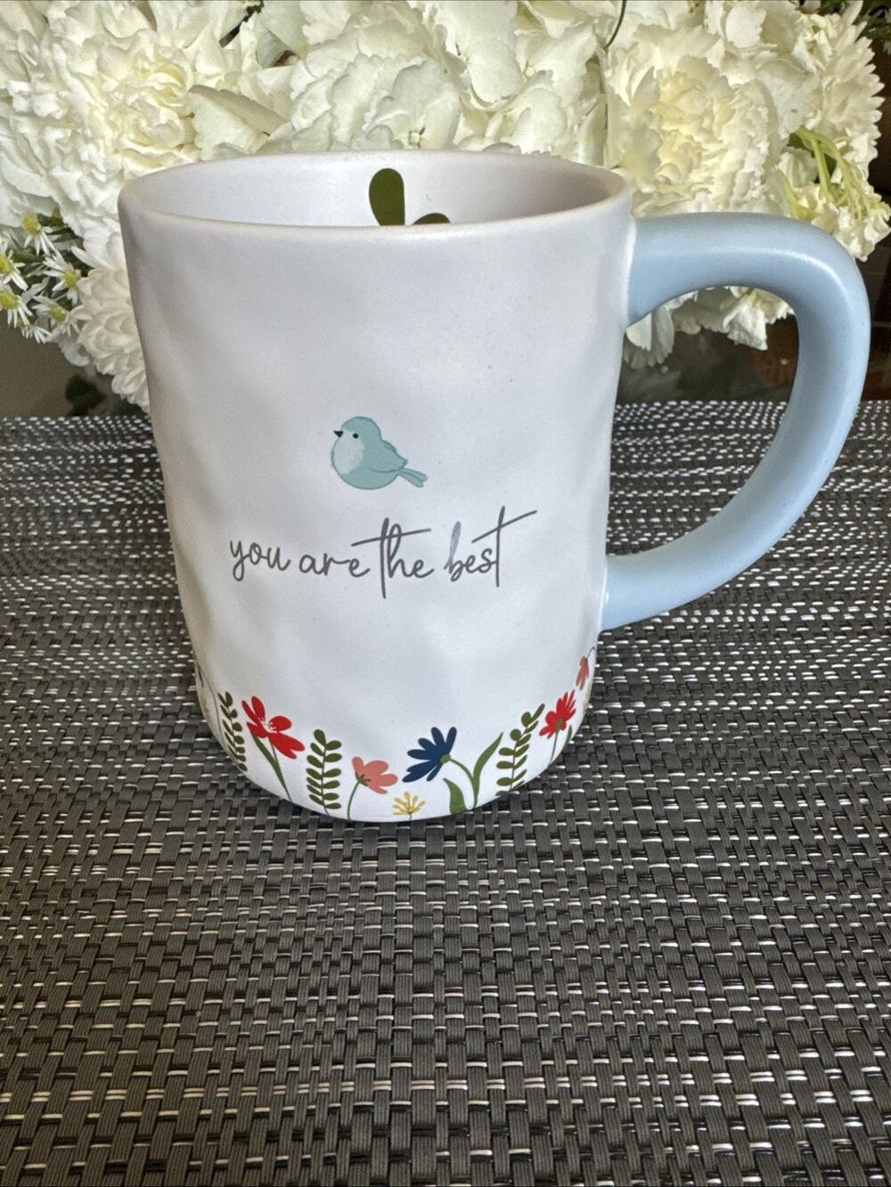 You Are The Best Mug- Bird And Flower Design White With Blue Handle